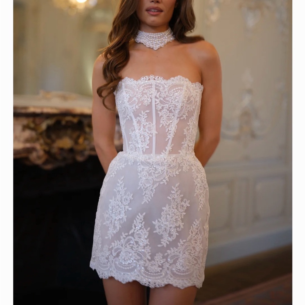 White Lace Strapless Mini Dress